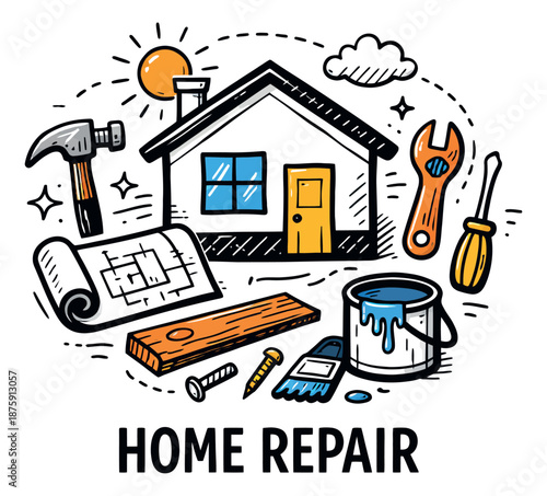 Hand drawn line art home repair elements set featuring a house, construction tools, and a blueprint for renovation projects