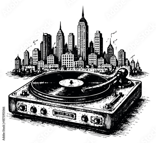 Hand drawn line art illustration of a turntable and city skyline depicting classic sound for urban music culture