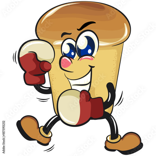 cute rum baba cake cartoon mascot character practicing boxing wearing boxing glove, vector illustration, work of hand drawn