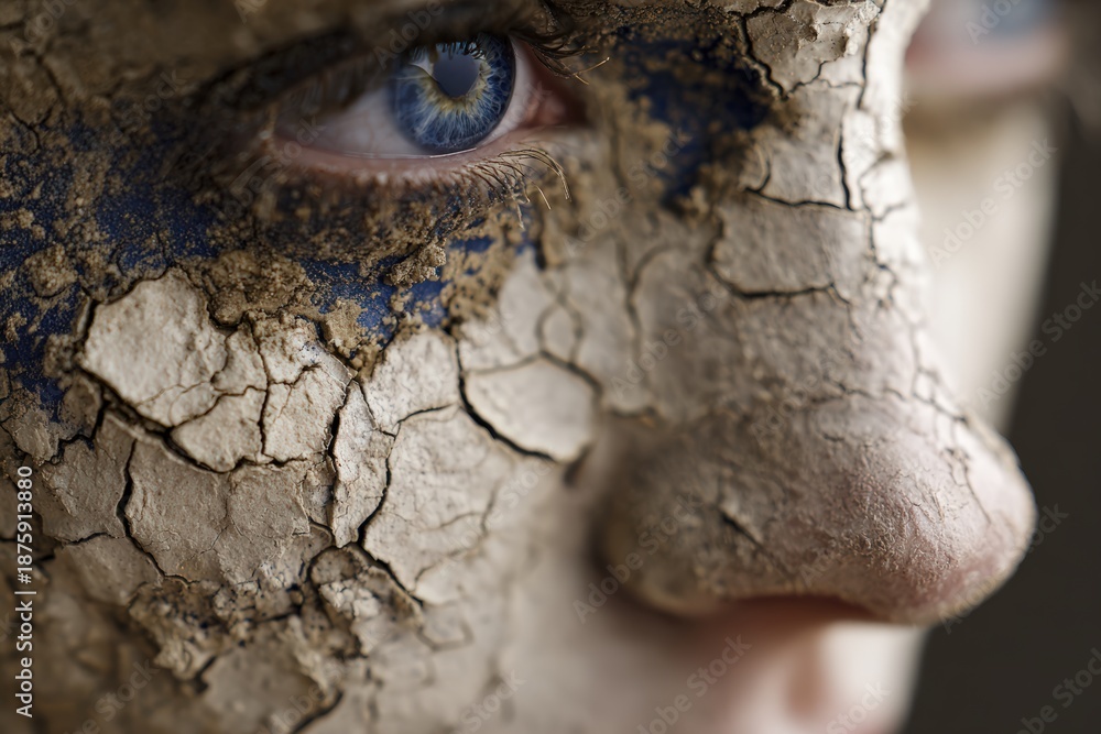 Obraz premium Subject with cracked skin and blue eyes shows detail of textured surface