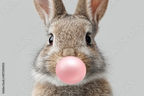 Rabbit blowing bubble gum in a simple indoor setting with a light background on a clear day