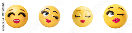 3D Cute Flirty Yellow Emoji Faces Set Romantic Wink and Kiss Expressions Isolated on Transparent Background