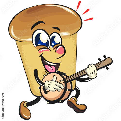 cute rum baba cake cartoon mascot character playing the banjo musical instrument with smiling vector illustration, work of hand drawn