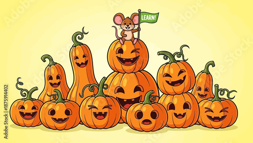 Cheerful pumpkins with whimsical expressions celebrate autumn and halloween festivities with a