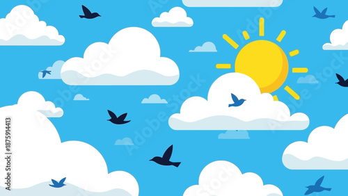 Cheerful sunny sky with fluffy clouds and soaring birds for a refreshing ambiance