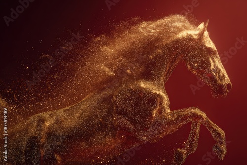 Horse made of dust moves through the air with a magical glow in a red background with light sparks and shimmer