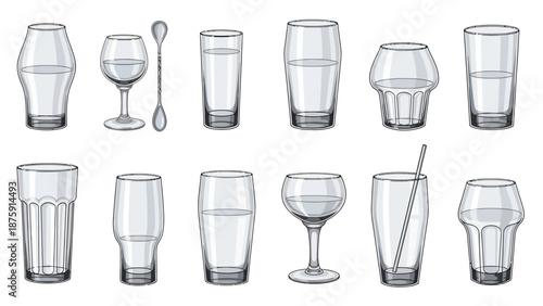 Collection of stylized barware glasses various shapes with liquid illustrations on a transparent