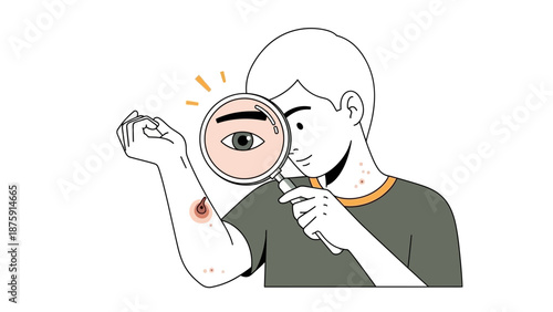 Dermatological assessment: Person examining skin condition with magnifying glass