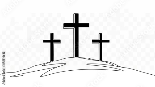 Continuous line illustration featuring three crosses standing atop a serene hill drawing attention