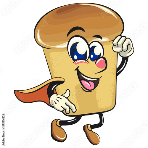 cute rum baba cake cartoon mascot character as flying superhero wearing a robe, vector illustration, work of hand drawn