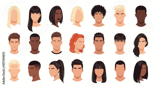 Diverse faceless avatars with various hairstyles showcasing modern vector illustration and design