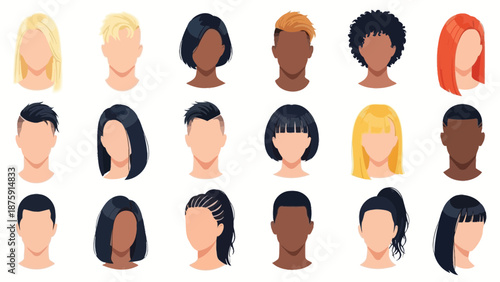 Diverse collection of stylized faceless portraits with varying hairstyles and skin tones