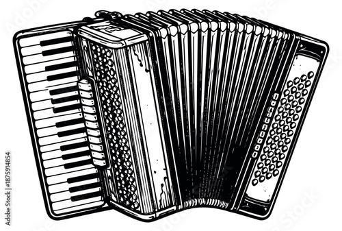 Hand drawn line art illustration of an accordion depicting a classic musical instrument for music themed designs