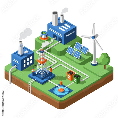 Isometric view of an industrial energy production and recycling complex.