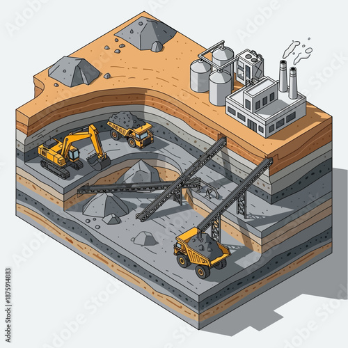 Isometric view of an open-pit mine with heavy machinery and a processing plant.