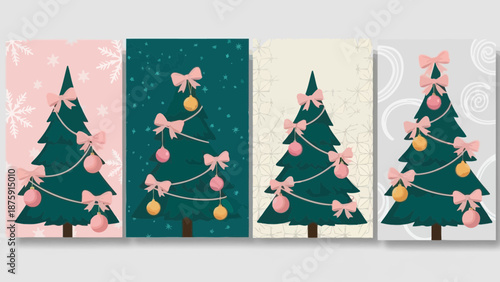 Elegant christmas tree collection on diverse backgrounds with playful embellishments and pastel hues