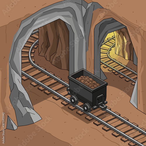 Mining cart filled with ore on tracks emerging from a dark tunnel.