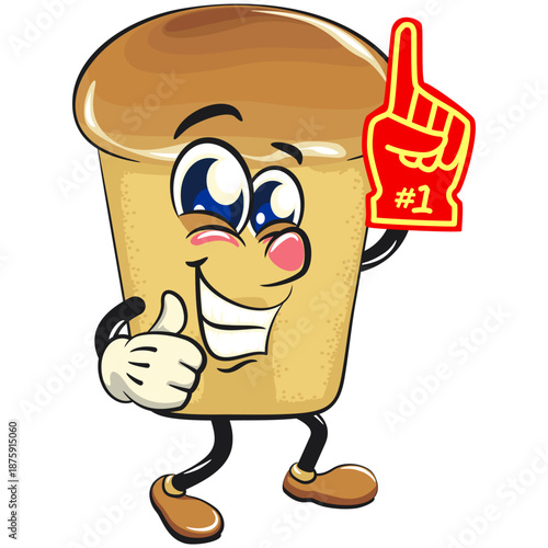 cute rum baba cake cartoon mascot character raise foam finger, vector illustration, work of hand drawn