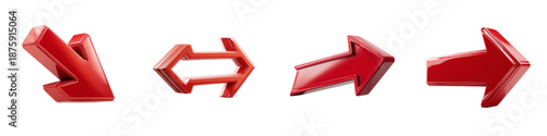 Red Glossy 3D Directional Arrows Navigation Symbols Modern Design Set Isolated on transparent background
