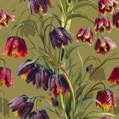 Seamless vector pattern with fritillaria flowers isolated on a changeable background. Vintage painting style illustration.