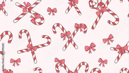 Festive candy cane delights with charming red bows on a pale pink background pattern