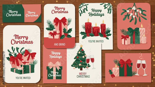 Festive Assortment: Illustrated Christmas and Holiday Cards on Wood Surface with Golden Confetti