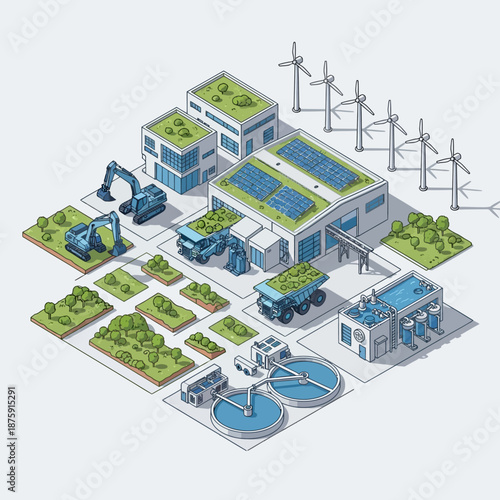 Sustainable Industrial Complex with Green Energy and Waste Management.