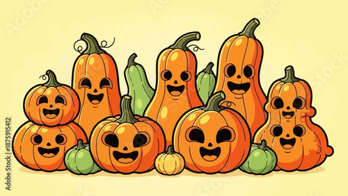 Festive gathering of happy pumpkins and gourds in cartoon style suitable for halloween