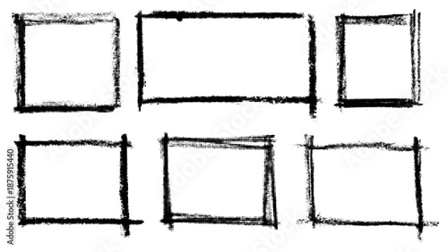 Set of six distressed halftone black frames with rough texture and irregular ink edges. Vector illustration for design use.