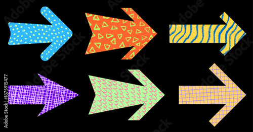 Six colorful right-facing arrows with playful textures and bold patterns on black. Vector style.