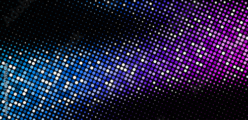 Diagonal halftone pattern with a blue to pink gradient on black background. Vector illustration.