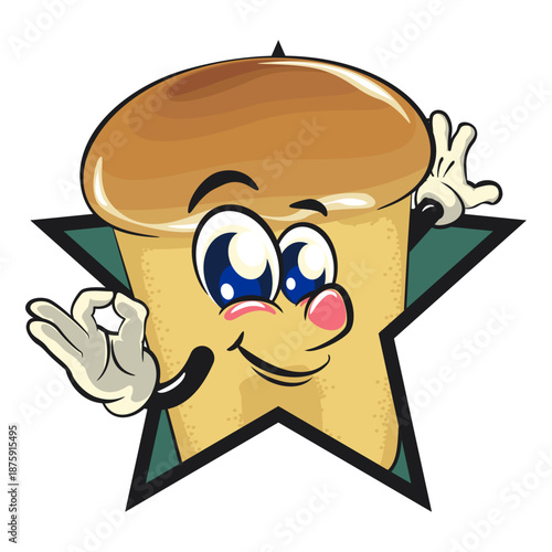 cute rum baba cake cartoon mascot character out from of a star by giving an OK sign, vector illustration, work of hand drawn