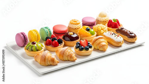 Assorted pastry platter with croissants, tarts, and macarons for brunch  