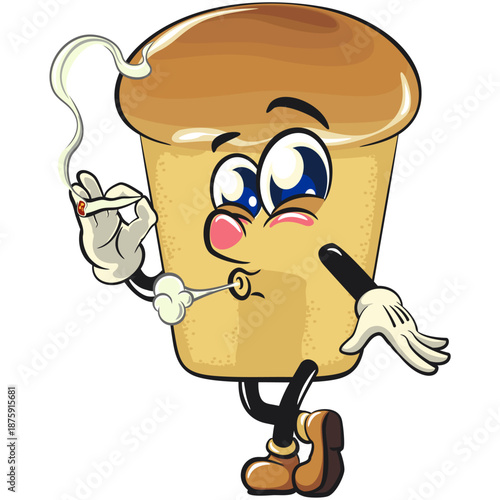 cute rum baba cake cartoon mascot character smoke calmly, vector illustration, work of hand drawn