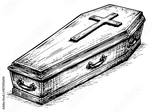Hand drawn illustration of a coffin depicting a christian cross on the lid for funeral and religious concepts