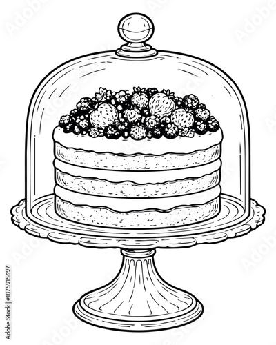 Hand drawn line art illustration of a tiered cake depicting fresh berries under a glass cloche for bakery menus and celebrations