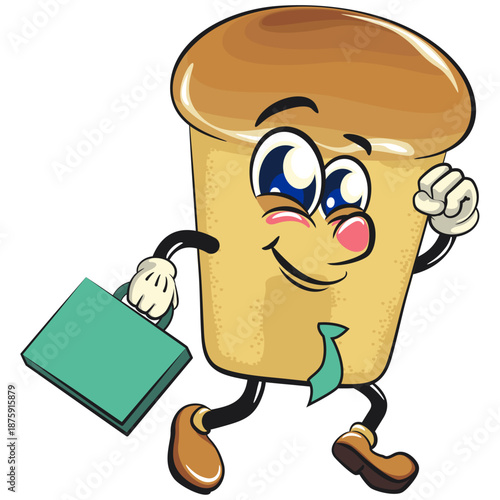 cute rum baba cake cartoon mascot character with a suitcase rushing to the office, vector illustration, work of hand drawn