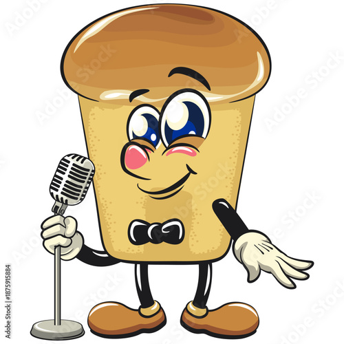 cute rum baba cake cartoon mascot character on front of the mic with smiling vector illustration, work of hand drawn