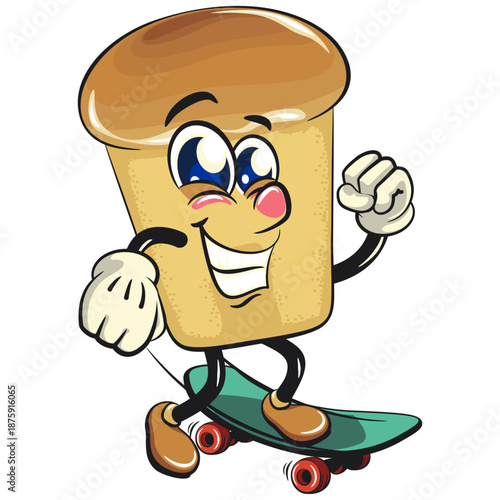 cute rum baba cake cartoon mascot character riding skateboard with smiling vector illustration, work of hand drawn
