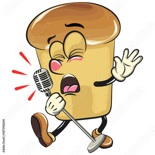 cute rum baba cake cartoon mascot character singing with great emotion, vector illustration, work of hand drawn