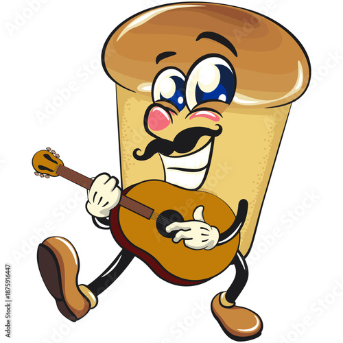 cute rum baba cake cartoon mascot character have moustache playing guitar with smiling vector illustration, work of hand drawn