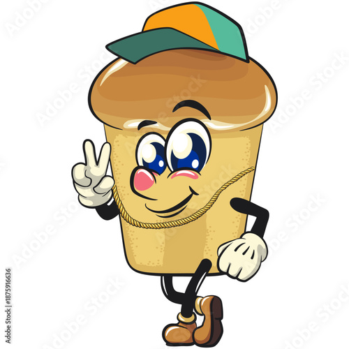 cute rum baba cake cartoon mascot character wearing a hip-hop style hat and wearing a sparkling gold necklace, vector illustration, work of hand drawn