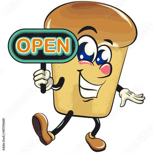 cute rum baba cake cartoon mascot character showing a sign that says open, vector illustration, work of hand drawn