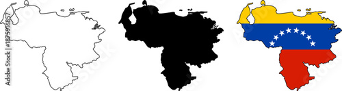 Venezuela map vector set with outline, solid silhouette, and national flag colors. Clean isolated design for education, infographic, geography, travel, and political content.