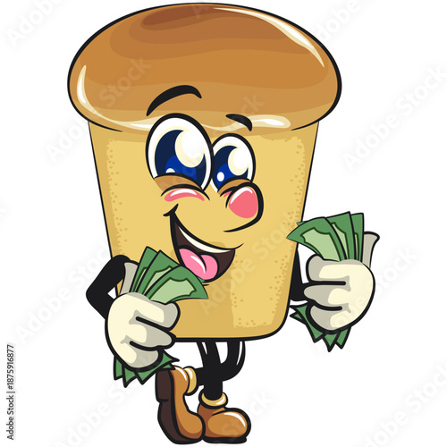 cute rum baba cake cartoon mascot character carrying money while smiling, vector illustration, work of hand drawn