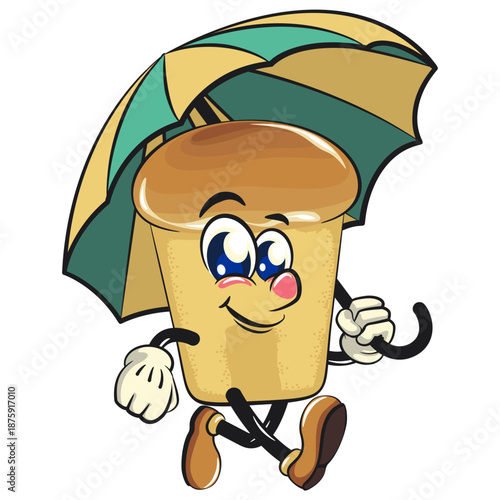 cute rum baba cake cartoon mascot character walking with an umbrella, vector illustration, work of hand drawn