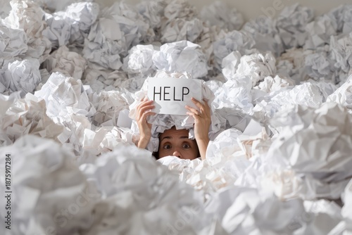 Person surrounded by crumpled paper holding up a sign for help in a cluttered space filled with waste during the daytime