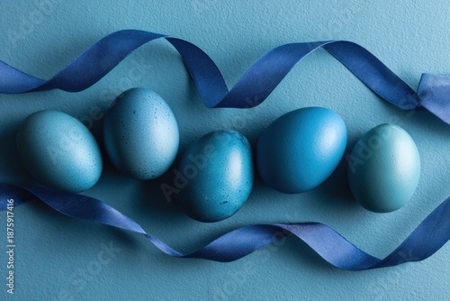 Five blue eggs arranged with a dark blue ribbon on a light blue background, representing a festive decoration for spring celebration