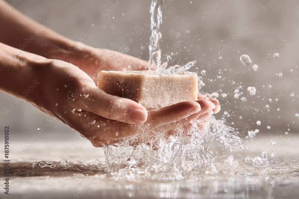 Fototapeta premium Hands holding soap under running water while droplets splash around in a simple setting