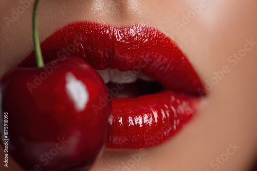 Woman holds cherry near lips with bright red lipstick during a closeup shot